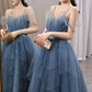 Blue Gorgeous Spaghetti Straps Tiered Tulle Prom Dress, Sparkly Dress With Beading       fg4000