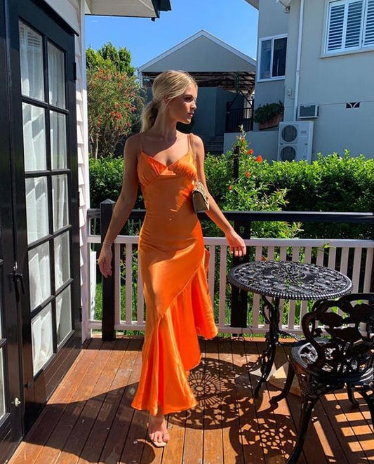 Orange Prom Dress V Neck Trending Formal Dresses      fg4223