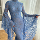 High Neck Mermaid Evening Dress for Women Flare Sleeves Blue Lace Long Prom Dresses   fg7571