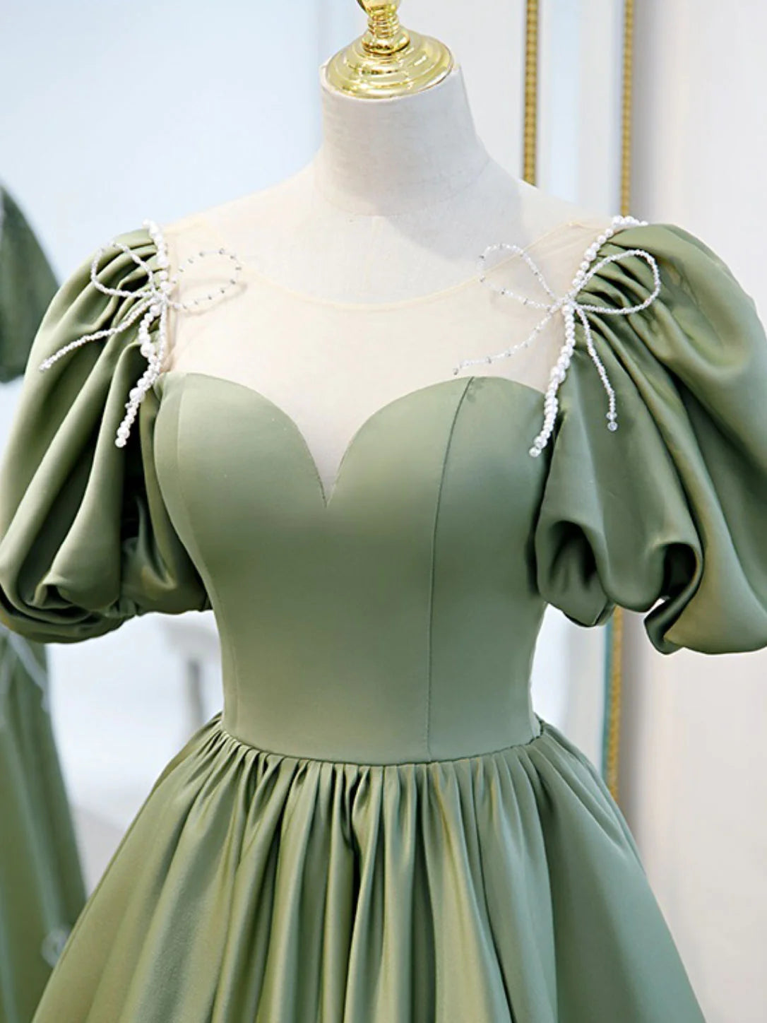 A-Line Green Puffy Sleeve Satin Short Prom Dress, Green Short Formal Dress     fg3728