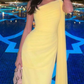 Yellow Chiffon One Shoulder Evening Dress Elegant Pleated Dubai Arabic Evening Gowns      fg5926