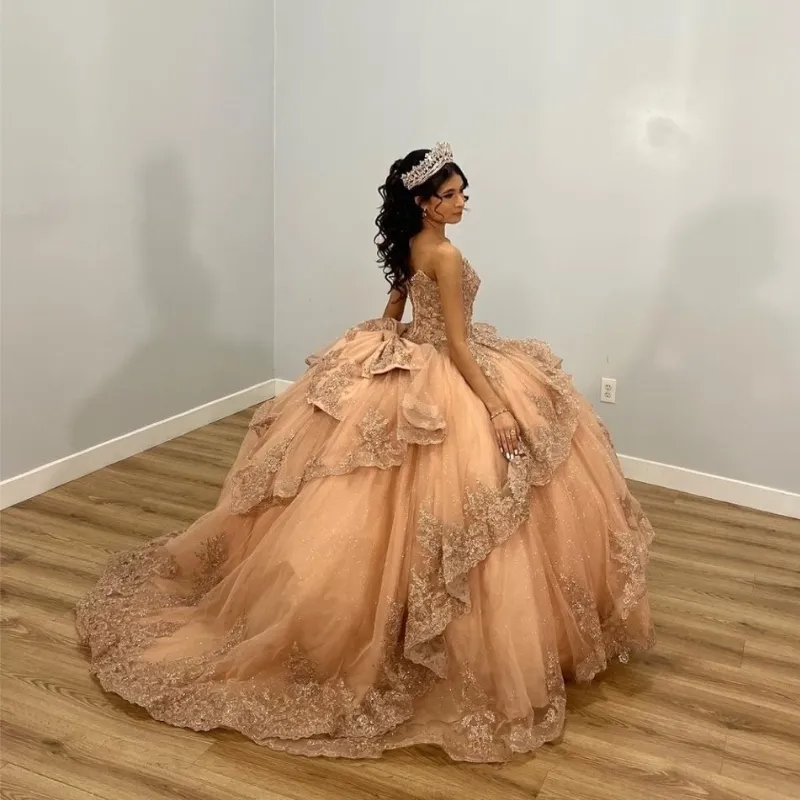 Champagne Shiny Off The Shoulder Ball Gown Quinceanera Dress Appliques Lace Beaded Birthday Party Gowns Sweet 16 vestidos       fg5679