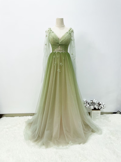 A-line Gradient Green Prom Gown, Soft Glitter Tulle Party Dress     fg4554