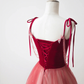 Burgundy Velvet Tulle Long Prom Dress, Beautiful A-Line Spaghetti Strap Evening Party Dress       fg5700