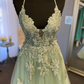 Straps Sage Green Appliques A-line Long Formal Dress   fg4484