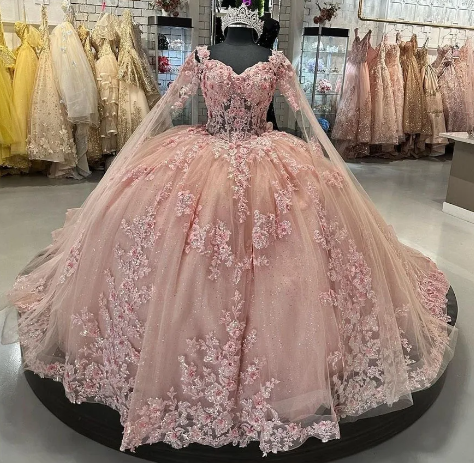 Pink Ball Gown Quinceanera Dresses with Cape 15 Party 3D Flower Prince –  formalgowns