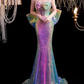 Women's Glitter Mermaid Prom Dresses, Spaghetti Strap Bow, Pearls Ribbon, Long Sexy Shiny Formal Occasion Dress   fg4614