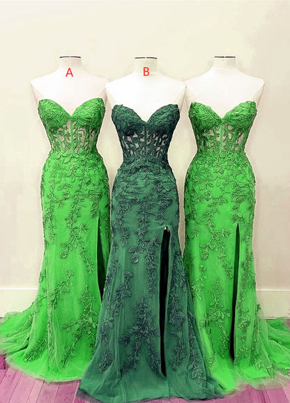 Elegant Green Lace Dress, Long Mermaid Strapless Gown With Corset Top    fg4369