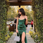 Green Satin Side Slit Long Evening Prom Dresses      fg5404