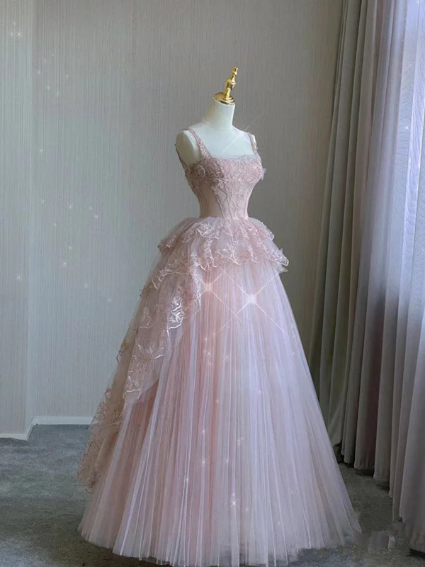 Modest Ball Gown Straps Pink Tulle Prom Dresses 22th Birthday Outfit       fg5439