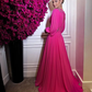 Fuchsia Chiffon Prom Dresses Simple Evening Dress Long Puff Sleeves V Neck Slit A Line Party Gowns      fg4859