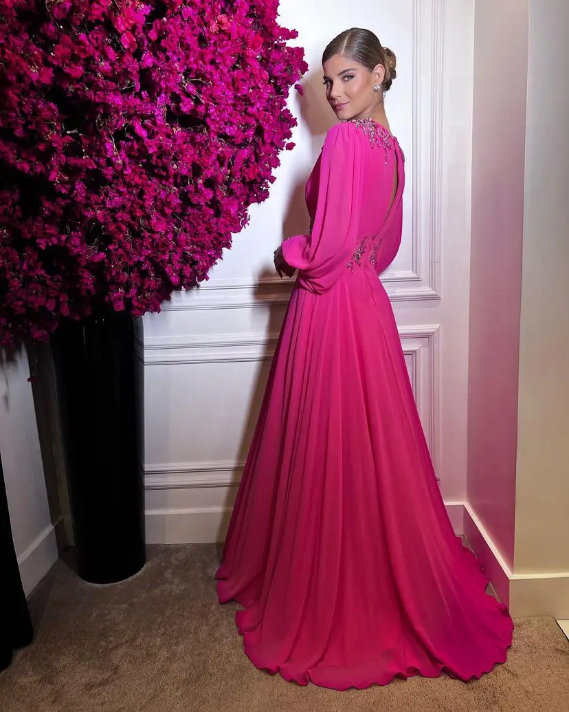 Fuchsia Chiffon Prom Dresses Simple Evening Dress Long Puff Sleeves V Neck Slit A Line Party Gowns      fg4859