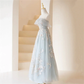 Light Blue Prom Dresses Fairy,Long Blue Tulle Floral Appliques Formal Dresses       fg5691