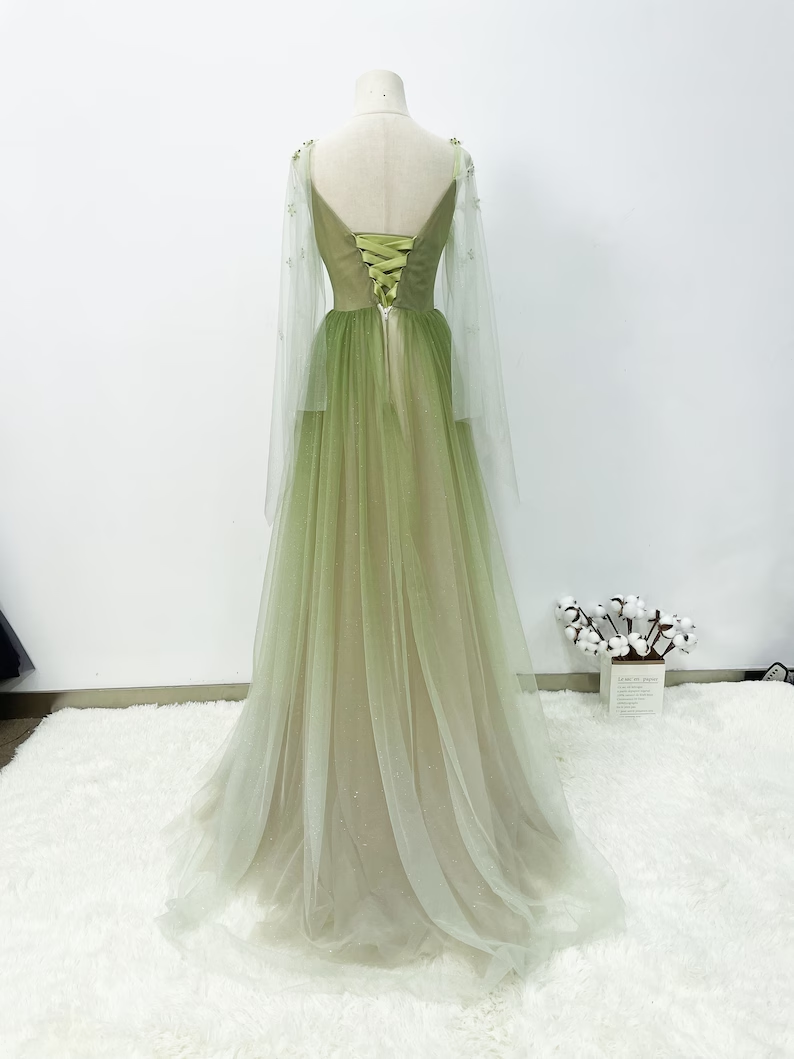 A-line Gradient Green Prom Gown, Soft Glitter Tulle Party Dress     fg4554