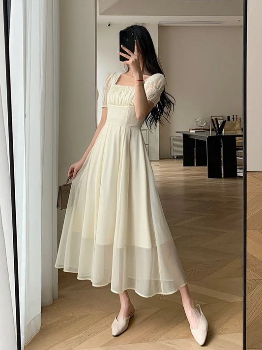 Elegant Dress for Women Short Sleeve Party Fashion Dresses Midi Square Collar Prom Dresses       fg4238