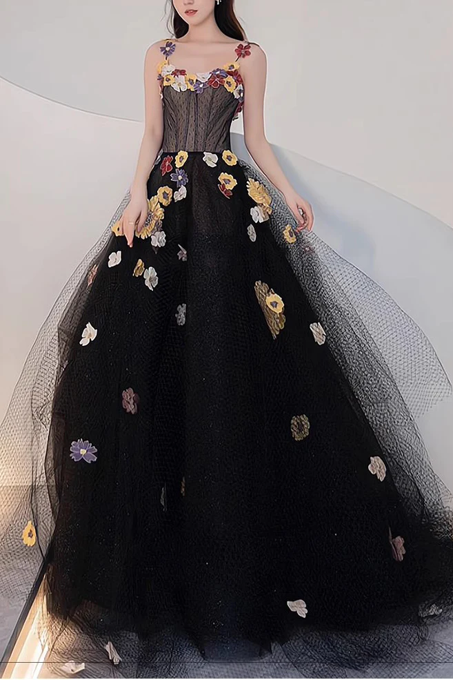 A Line Black Tulle Prom Dress With Flowers Puffy Quinceanera Dresses        fg3963