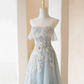 Light Blue Prom Dresses Fairy,Long Blue Tulle Floral Appliques Formal Dresses       fg5691