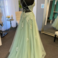 Straps Sage Green Appliques A-line Long Formal Dress   fg4484