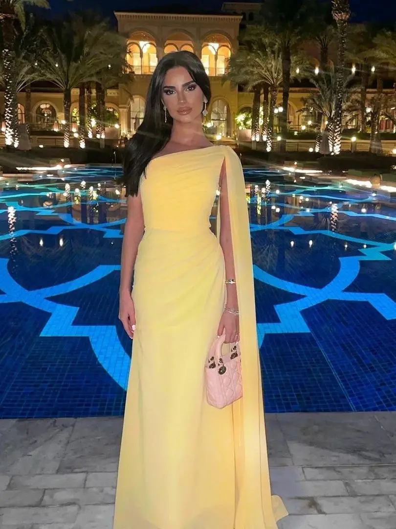 Yellow Chiffon One Shoulder Evening Dress Elegant Pleated Dubai Arabic Evening Gowns      fg5926