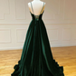 A-Line V Neck Velvet Green Long Prom Dresses, Green Velvet Formal Dress      fg4435