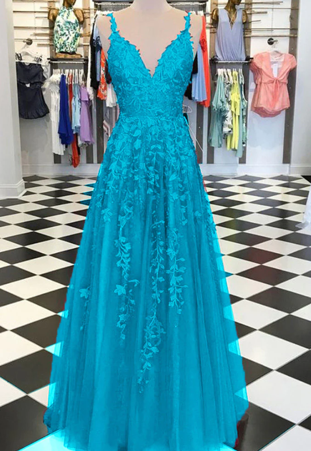 Fancy Girls V neck Lace Appliques Prom Dresses with Straps     fg4654