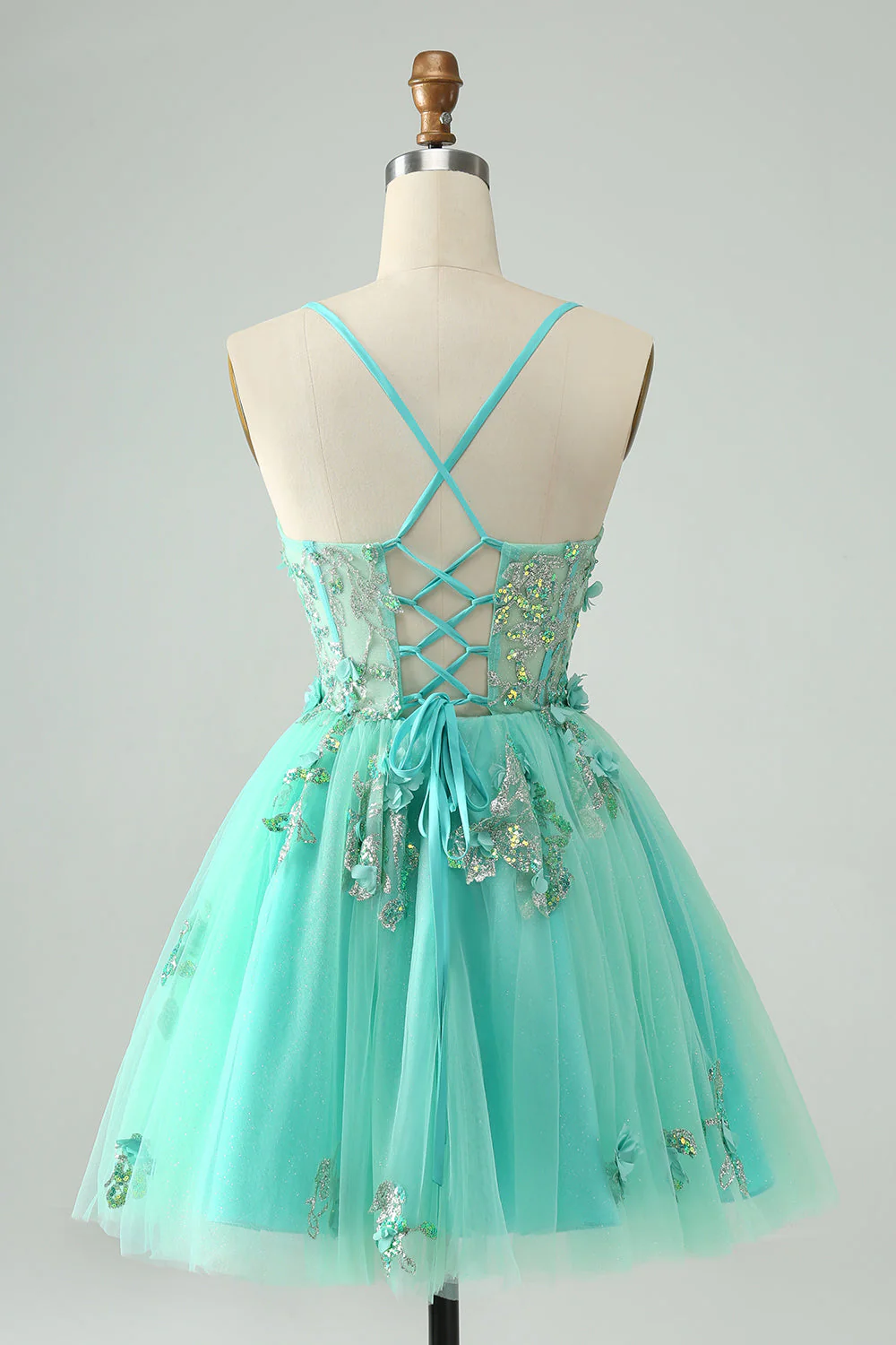 Sweet Green A Line Spaghetti Straps Corset Short Homecoming Dress with Appliques      fg5497