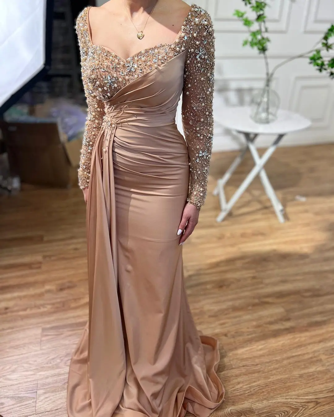 Beautiful Long Mermaid Beading Prom Dresses With Long Sleeves     fg4098