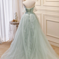 A-Line Off Shoulder Tulle Green Long Prom Dresses, Green Formal Dress with Beading       fg5475