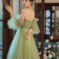 green tulle a line long prom dress, green tulle formal dress   fg2704