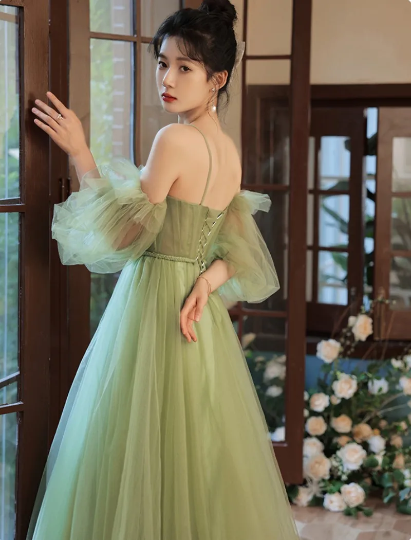 green tulle a line long prom dress, green tulle formal dress   fg2704