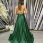 Green A line Prom Dresses Long Side Slit Spaghetti Strap Sexy Satin Formal Evening Dress    fg4203