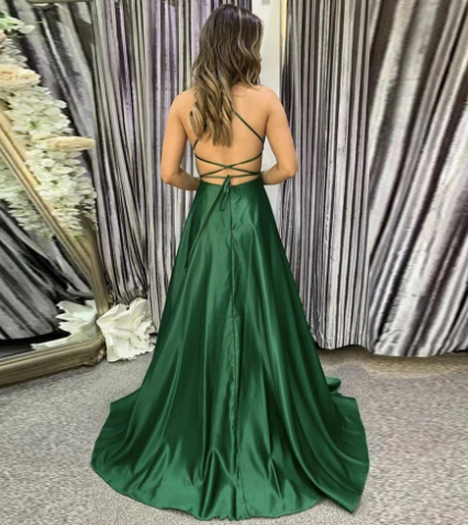 Green A line Prom Dresses Long Side Slit Spaghetti Strap Sexy Satin Formal Evening Dress    fg4203