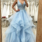 V-neck Tulle Ball Gown Long Prom Dress with Lace Bodice      fg5859