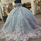 Light Blue Puffy Ball Gown Quinceanera Dresses Off Shoulder Flower Corset Sweet 16 Dress     fg5683