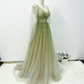 A-line Gradient Green Prom Gown, Soft Glitter Tulle Party Dress     fg4554