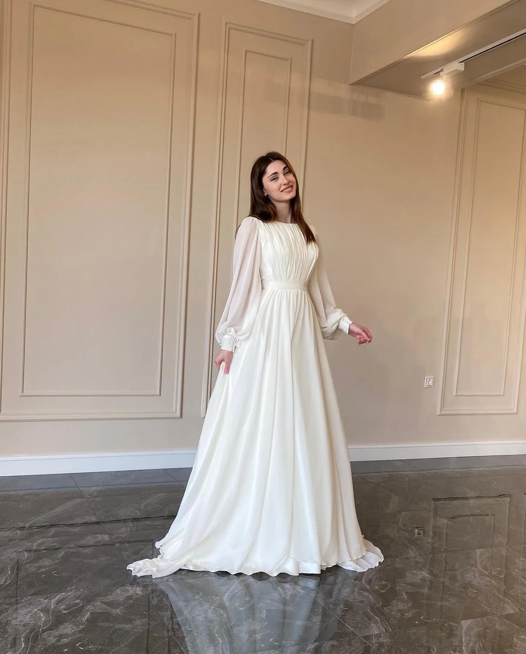 Women Elegant Pleated Lantern Sleeve Round Neck Maxi Dress Fashion Long Sleeve Party Evening Dress      fg5902