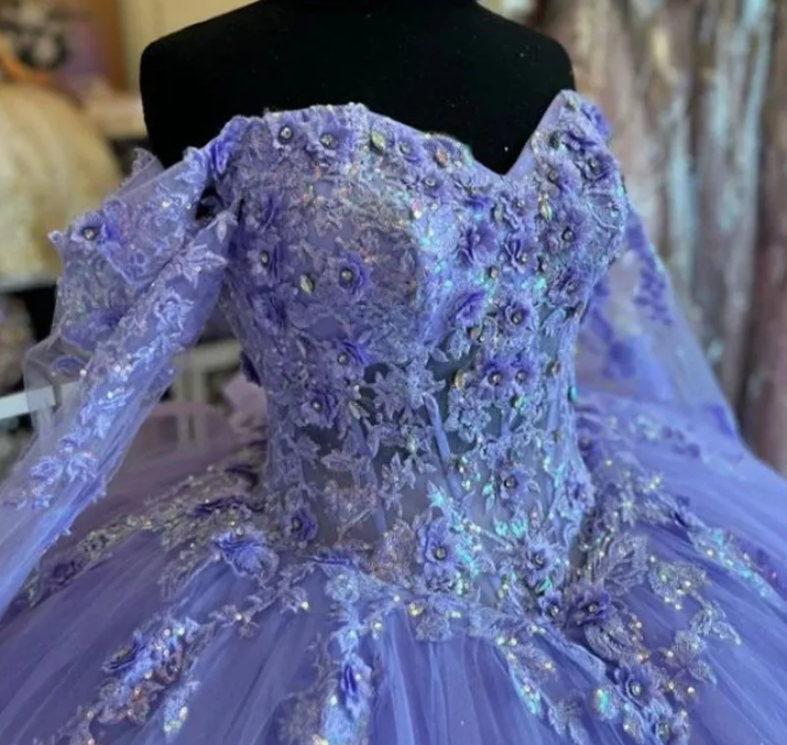 Lilac Quinceanera Dresses Long Sleeve 3D Flowers Appliques Lace-Up Prom Sweet 16 Princess Dresse Vestidos De 15 Anos        fg5694