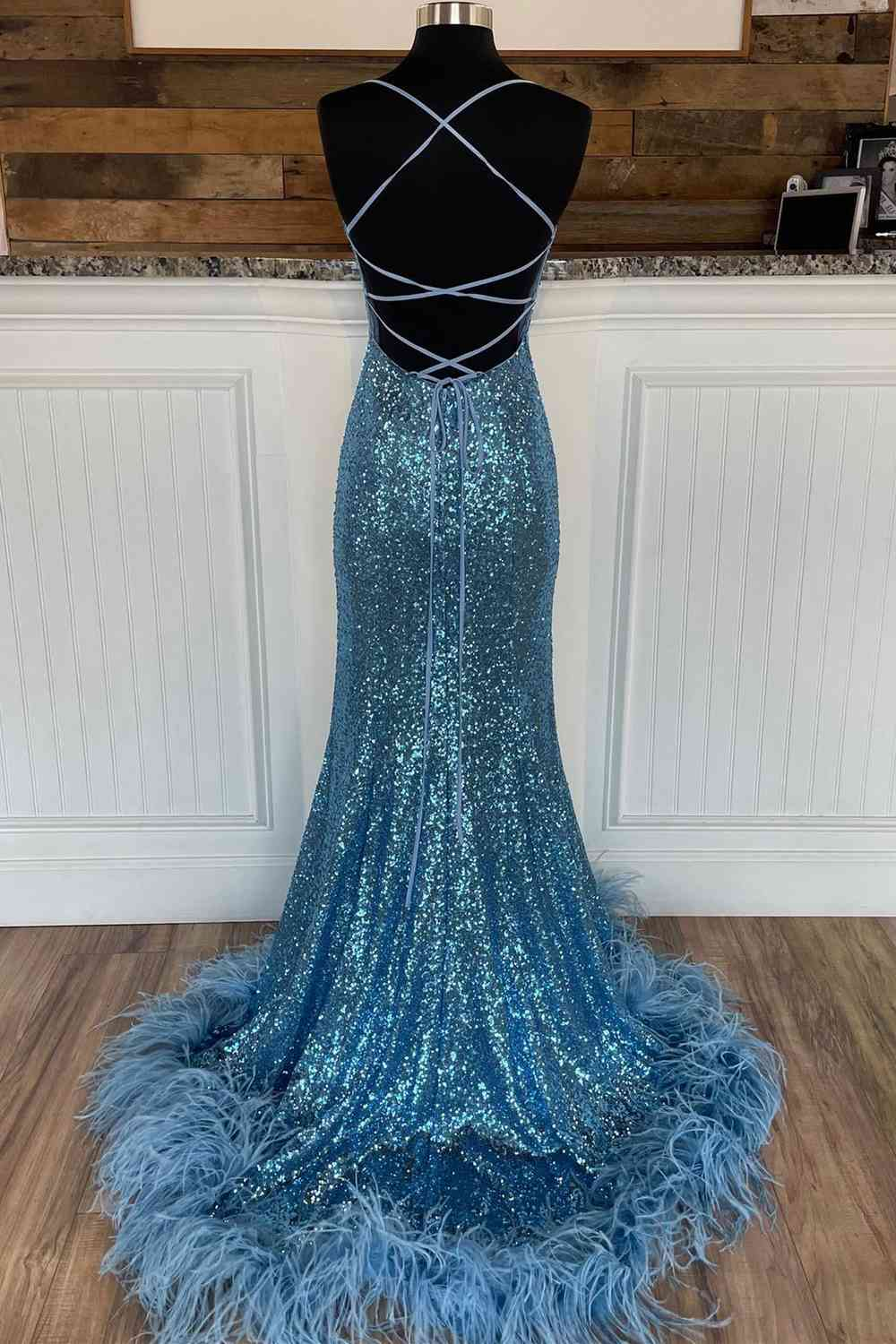 Long Sequined Straps Prom Dress with Feather Hem      fg5828