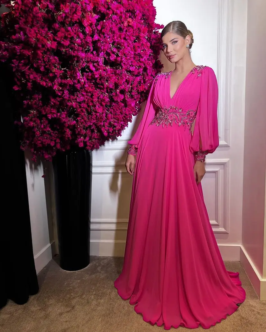 Fuchsia Chiffon Prom Dresses Simple Evening Dress Long Puff Sleeves V Neck Slit A Line Party Gowns      fg4859