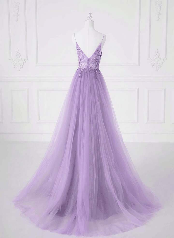 A-line Tulle Lavender Beaded Long Prom Dress, Lavender Tulle Formal Dress      fg5414