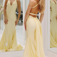 Cross Back Mermaid Long Gown with Attached Train yellow prom dress   fg5712