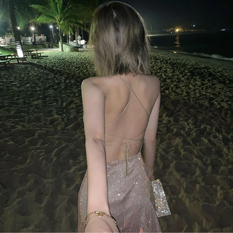 Fashion Sequin Dress Women Sexy Backless Spaghetti Strap Dresses Elegant Evening Party Dress       fg5962