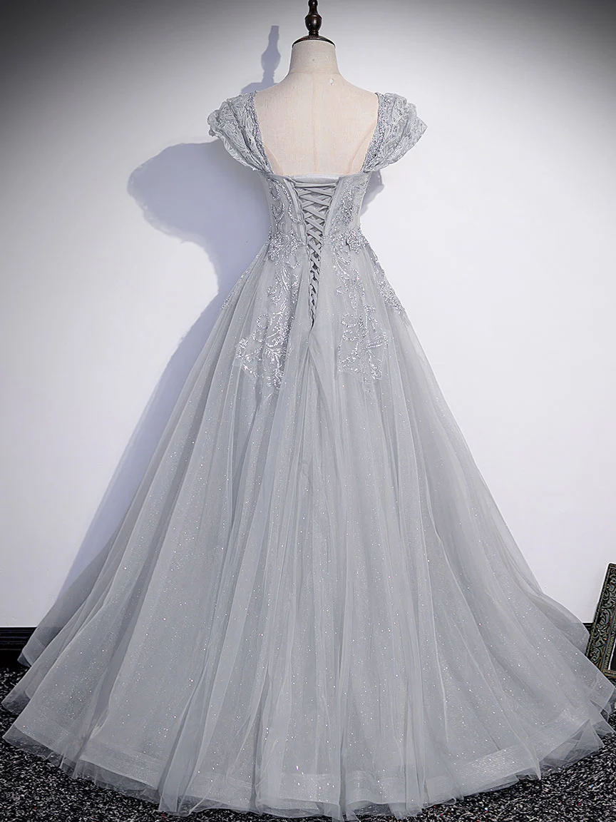 Gray Sweetheart Neck Tulle Lace Long Prom Dress, Gray Evening Dress      fg6115