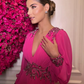 Fuchsia Chiffon Prom Dresses Simple Evening Dress Long Puff Sleeves V Neck Slit A Line Party Gowns      fg4859