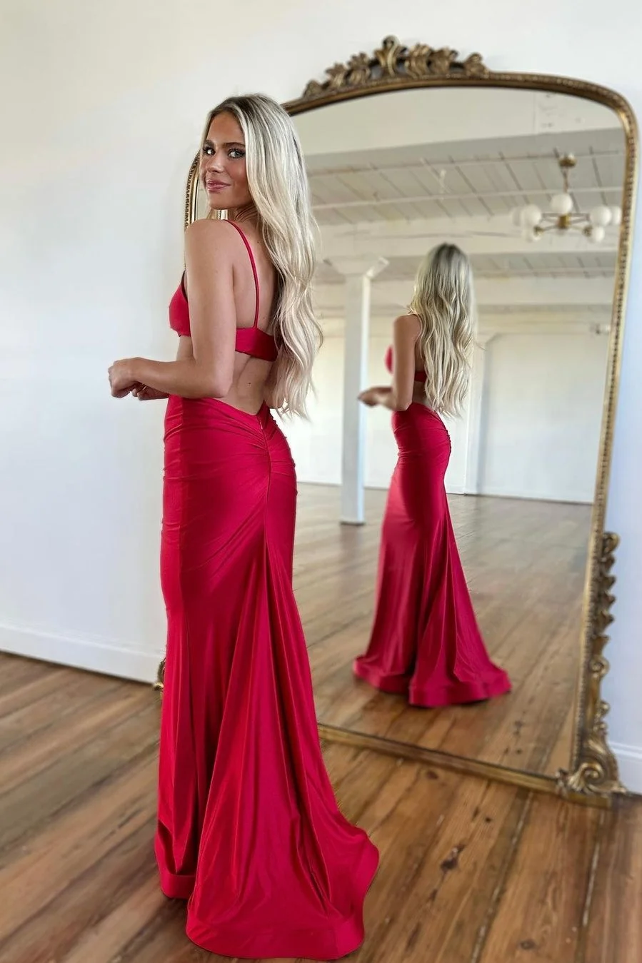 Prom Dress Simple Red Spaghetti Strap Long Mermaid Gown     fg4723