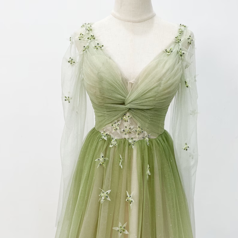 A-line Gradient Green Prom Gown, Soft Glitter Tulle Party Dress     fg4554