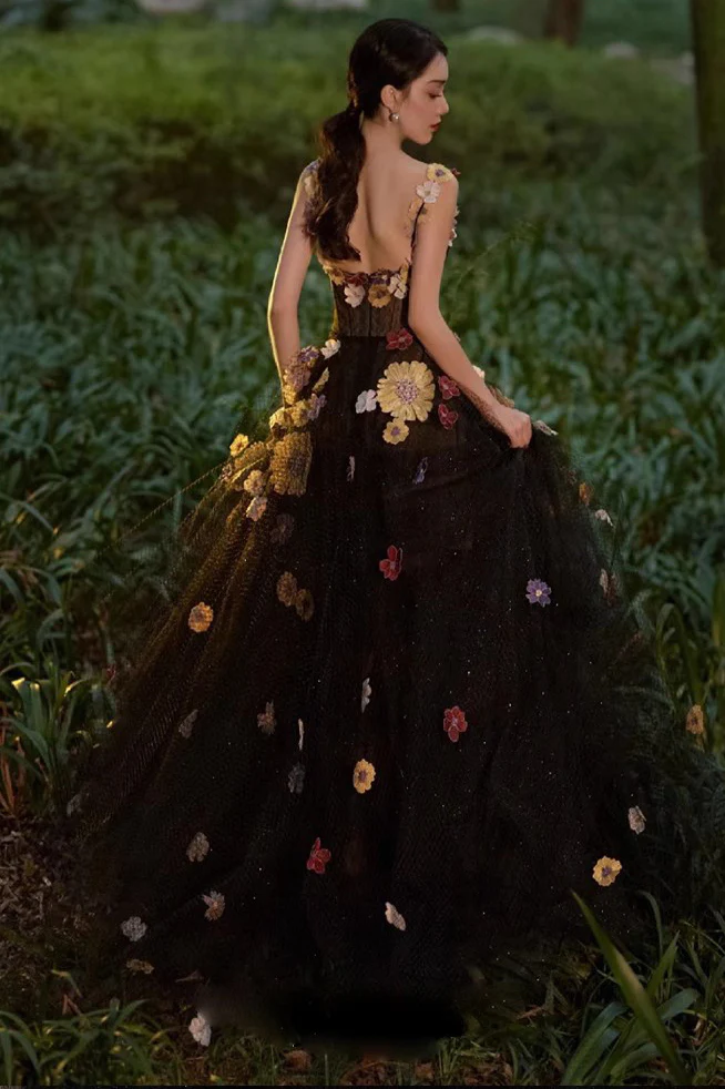 A Line Black Tulle Prom Dress With Flowers Puffy Quinceanera Dresses        fg3963