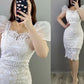 White Lace Dress Women Square Neck Puff Sleeve Hook Flower Hollow Party Dresses    fg6844