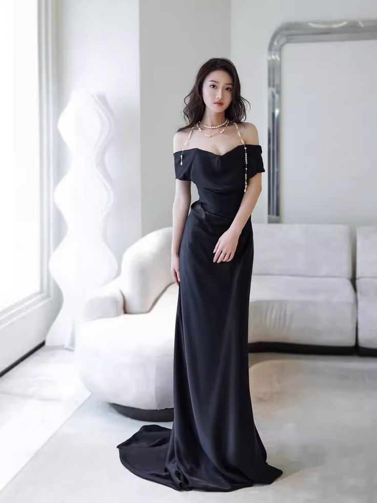 Simple Mermaid Off The Shoulder Black Prom Dresses Evening Dress     fg6846