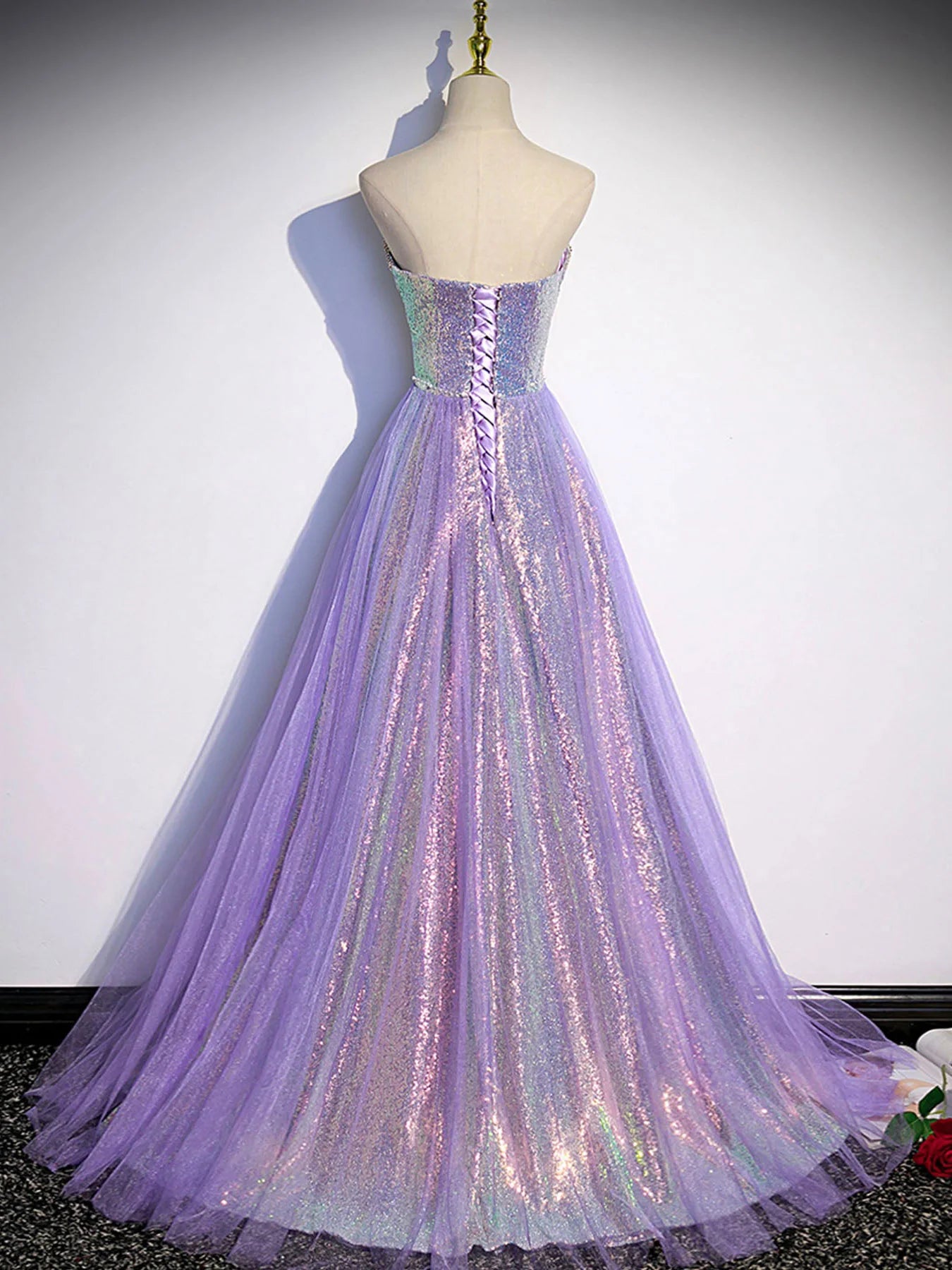 A line Purple Sweetheart Neck Tulle Long Prom Dress, Purple Evening Dr ...